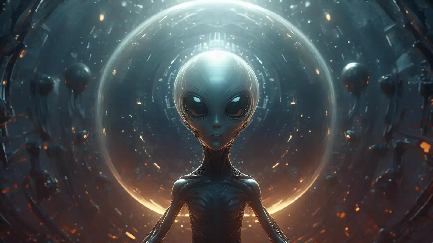 泡泡影视沉浸光影宇宙主视觉：深蓝紫宇宙里漂浮的半透明气泡包裹着电影画面
